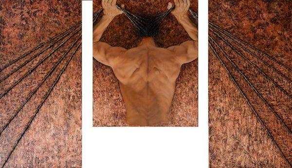 Luigi Cervone, Klero Prometeico, trittico, olio e corda su tela, 140 x80 cm.