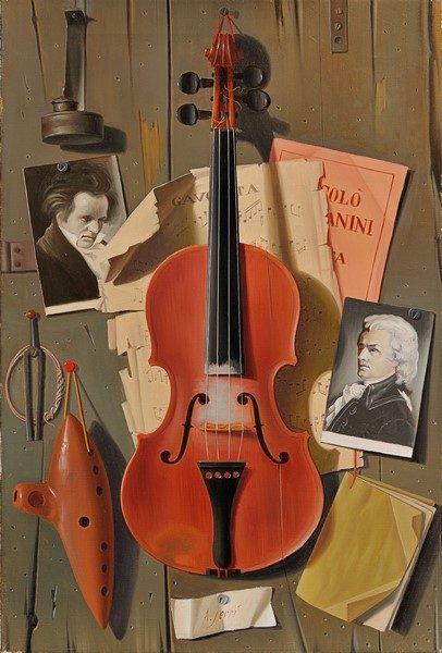 Alfredo Serri, Natura morta con violino e ocarina, olio su tela, cm. 60,5x40,5