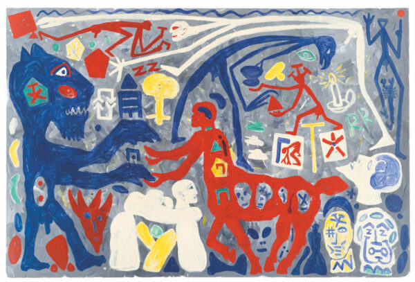 A.R. Penck, Situation ganz ohne Schwarz (Situazione del tutto priva di nero), 2001 , acrilico su tela,  200 x 300 cm, Galeria Fernando Santos, Porto (Portugal) © 2021, ProLitteris, Zurich