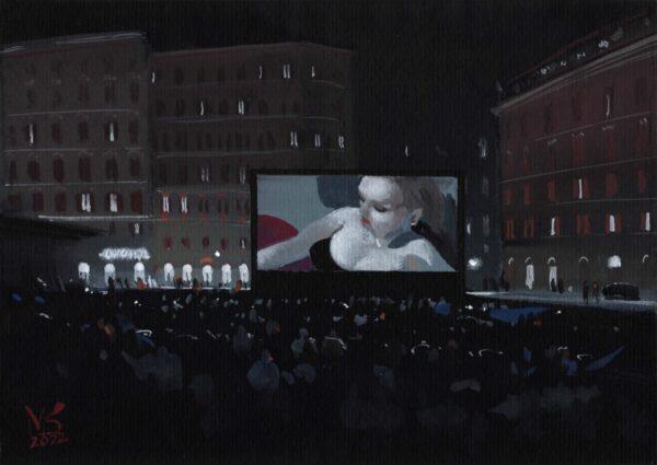 Quelchevale, Il cinema in piazza, 2022, gouache, 21x14,8 cm
