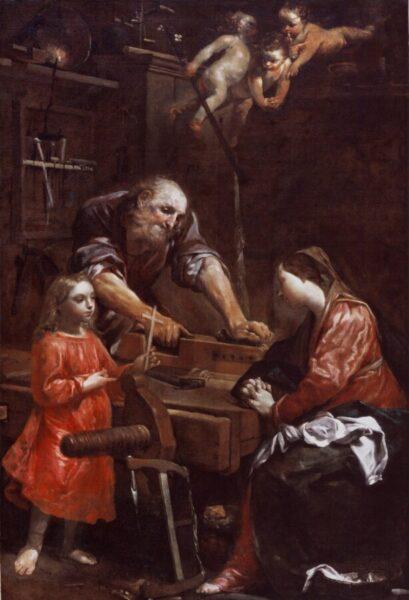 Giuseppe Maria Crespi, La Sacra Famiglia nella bottega del falegname, olio su tela, 190 x 128,5 cm