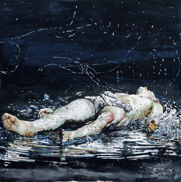Andrea Saltini, Pescatore di uomini (ascensione di Pietro), 2023, tecnica mista su tela, 180x180 cm