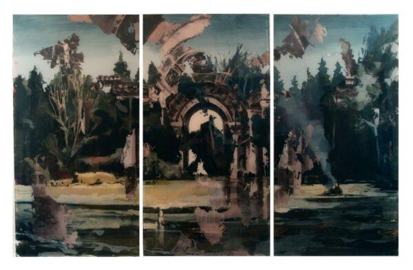 Gonzalo Borondo, El real sitio y la hoguera, 2025, trittico, acrilico su vetro, 160x83 cm cad.